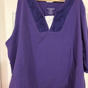 Catherines 3x 26/28 dark purple tunic top crochet and white panel on neck 3/4 sl